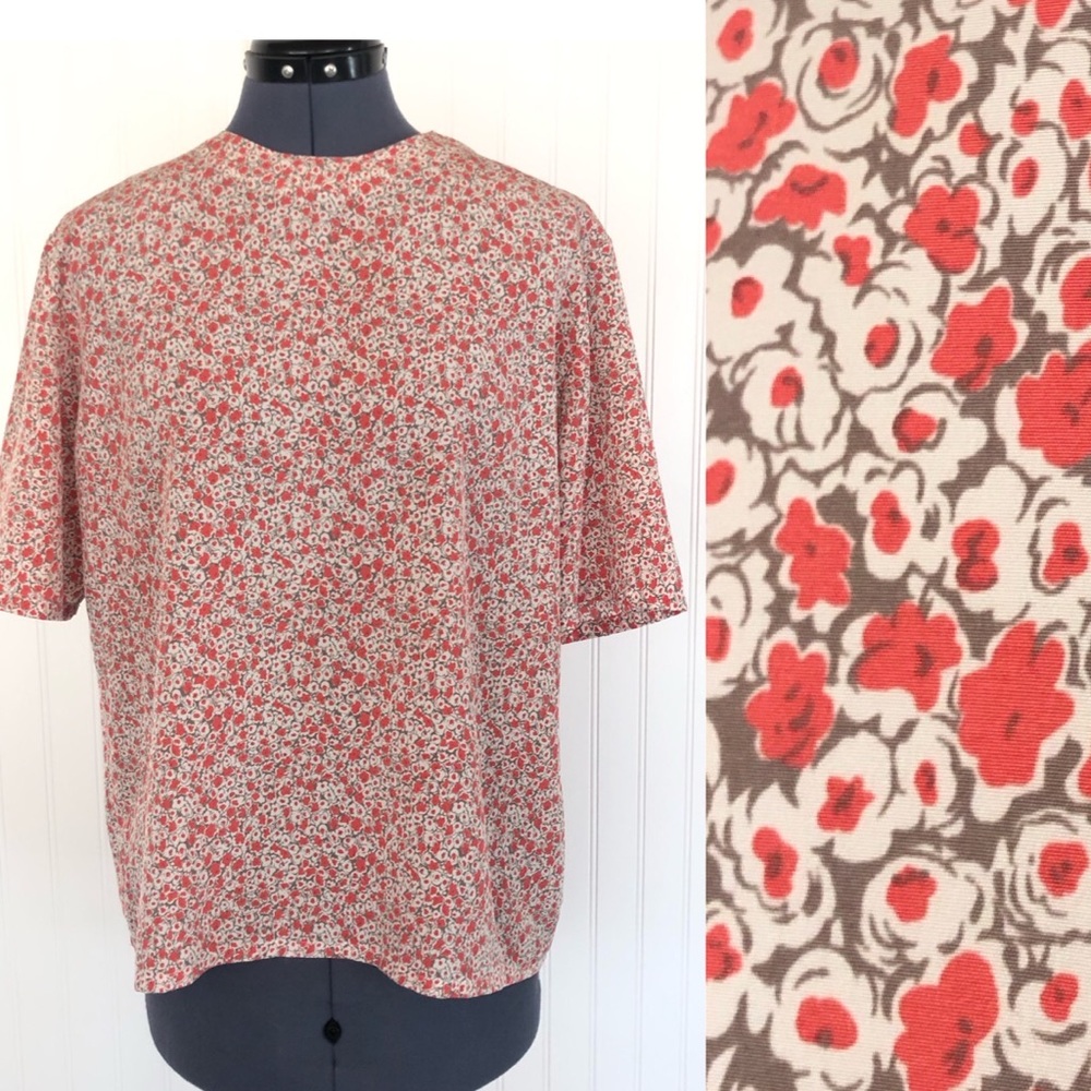 Vintage Pendleton Floral Blouse Short Sleeve Size 14 Sage Green Coral Loose Poly